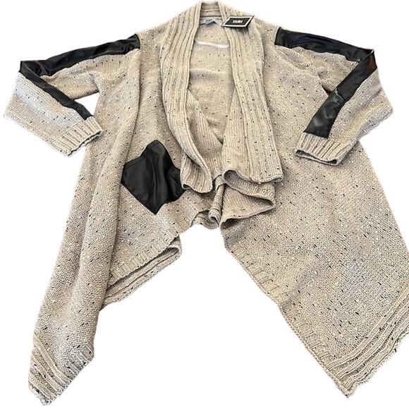 Yaira Taupe Flecked Cardigan Sweater with Black Faux Leather Accents Size Large - Picture 4 of 11